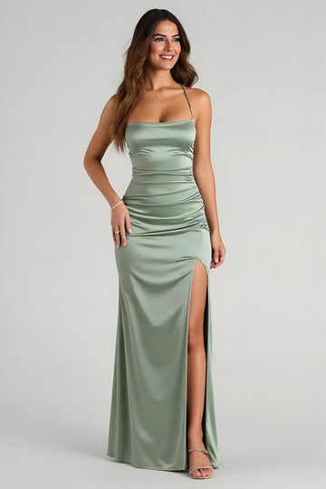 Eucalyptus Sheath Satin Bridesmaid Dress With Slit